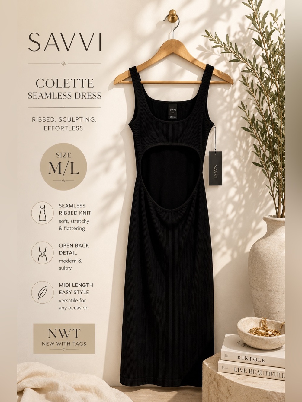 SAVVI Colette Seamless Ribbed Cutout Midi Dress Black NWT Size M/L